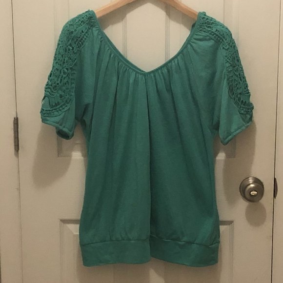 American Rag Tops - American Rag Short Sleeve Banded Hem Top w/ Crochet Detail